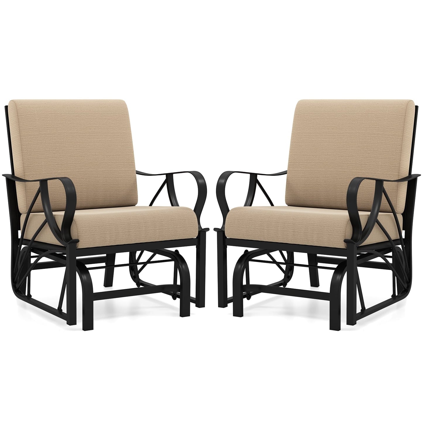 Topbuy 2 Pcs Outdoor Glider Chair Smooth Rocking Single Chair w/ Thick Cushions & Heavy-Duty Metal Frame Tan