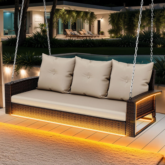 Uforic 3-Seat Outdoor Wicker Porch Swing with LED Lights & Brown Cushions, Patio Hanging Chair