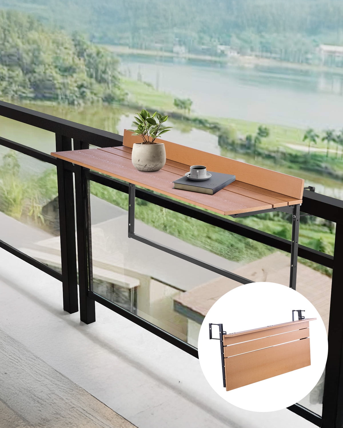 VEVOR Balcony Hanging Table, 15 x 39 in Folding Balcony Railing Table, Outdoor Balcony Bar Table for Railings, 5-Level Adjustable, Fit Railing from 1" to 5.3", Serving Table for Patio & Deck