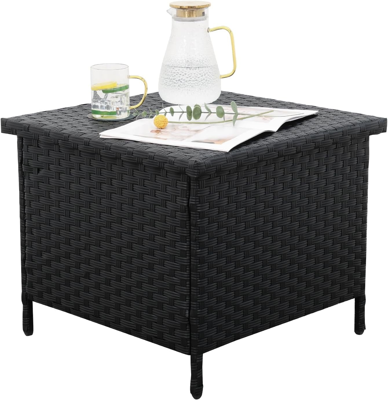 VibrantEcho Outdoor PE Wicker Side Table with Storage Patio End Table Resin Rattan Storage Table for Garden Backyard Porch Poolside, Black