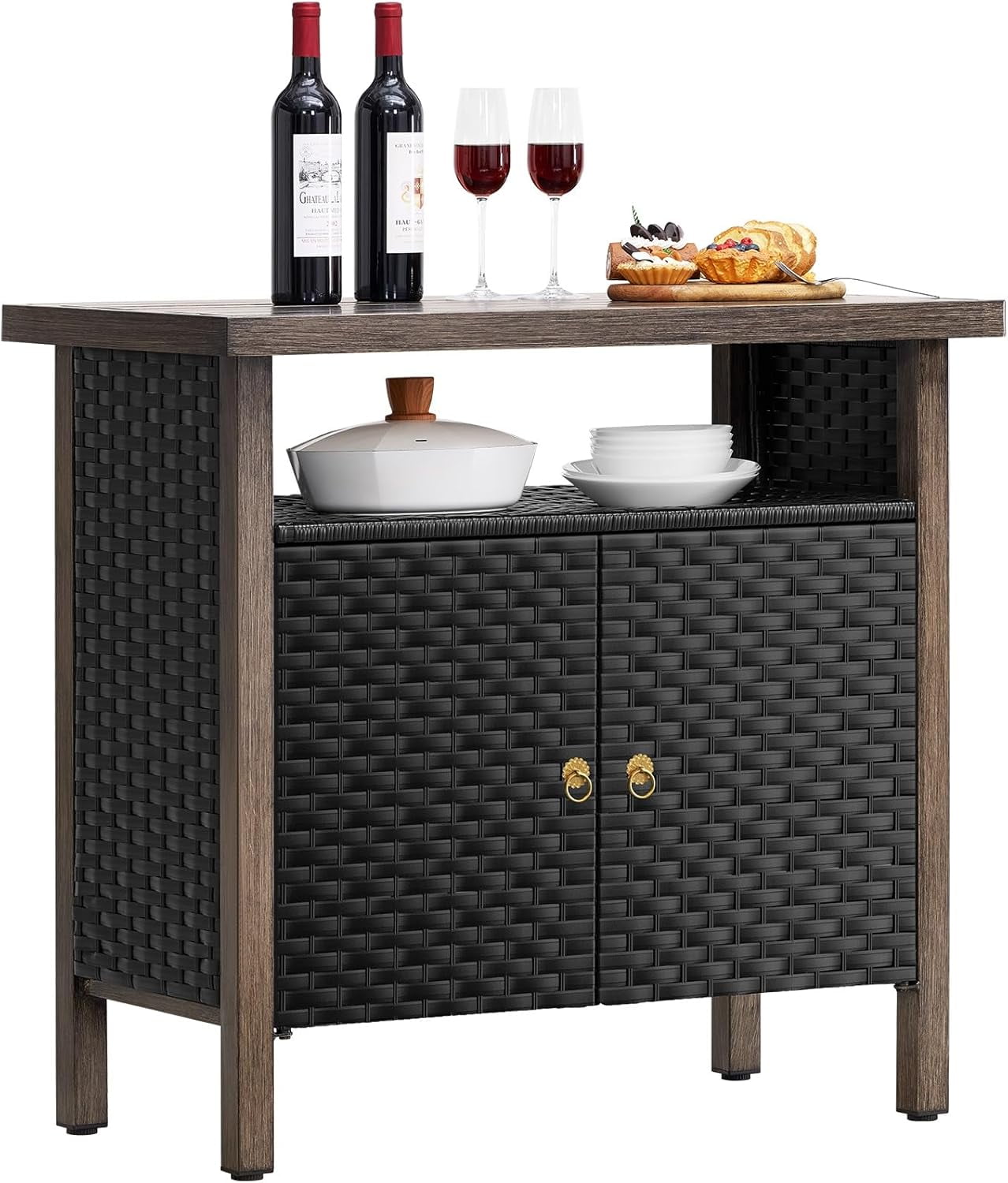 WANSHUN Outdoor Storage Cabinet, Woven Rattan Bar Table with 2 Doors, Slatted-Top, Wicker Console Table for Patio, Garden, Backyard, Kitchen - Black