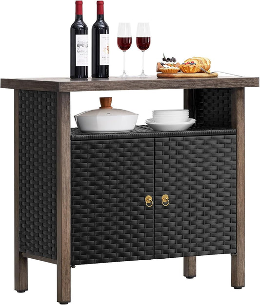 WANSHUN Outdoor Storage Cabinet, Woven Rattan Bar Table with 2 Doors, Slatted-Top, Wicker Console Table for Patio, Garden, Backyard, Kitchen - Black