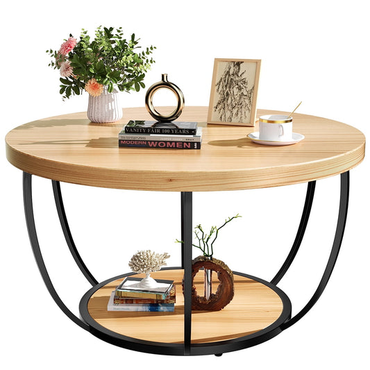 YINGYING 31.5" Round Coffee Table, 2-Tier Accent Center Table, Small Wood Coffee Table with Storage, Modern Cocktail Table for Living Room