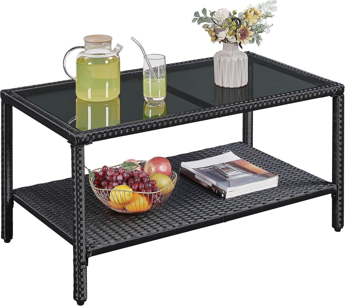YUONAO Outdoor Wicker Coffee Side Table, All-Weather Rattan Patio Storage Furniture with Tempered Glass Top for Garden, Black