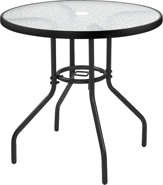 YYEAN  27.4'' Patio Bistro Table Round Outdoor Coffee Table, Round Tempered Glass Top with 1.7'' Umbrella Hole, Iron Frame for Balcony Backyard Lawn and Garden