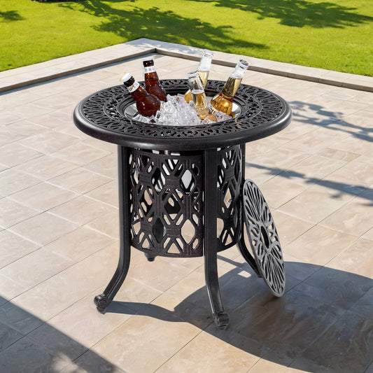 Yoneston 21" Cast Aluminum Round Patio Table with Removable Ice Bucket, Rustproof Outdoor Patio Bar Table for Patio, Balcony, Garden, Poolside, Black
