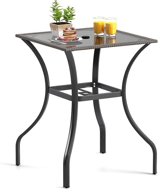 ZOPan 37” Height Bistro Table with Umbrella Hole, Tempered Glass Top & Wicker Covered Edge, Counter Height Square Outdoor Bar Table for Garden, Patio, Poolside & Deck