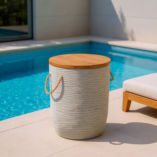 Biban Side Table Natural & Gray End Table, Modern Style, Brushed Acacia Wood round shape tabletop, Super Poly-Stone, Outdoor Living