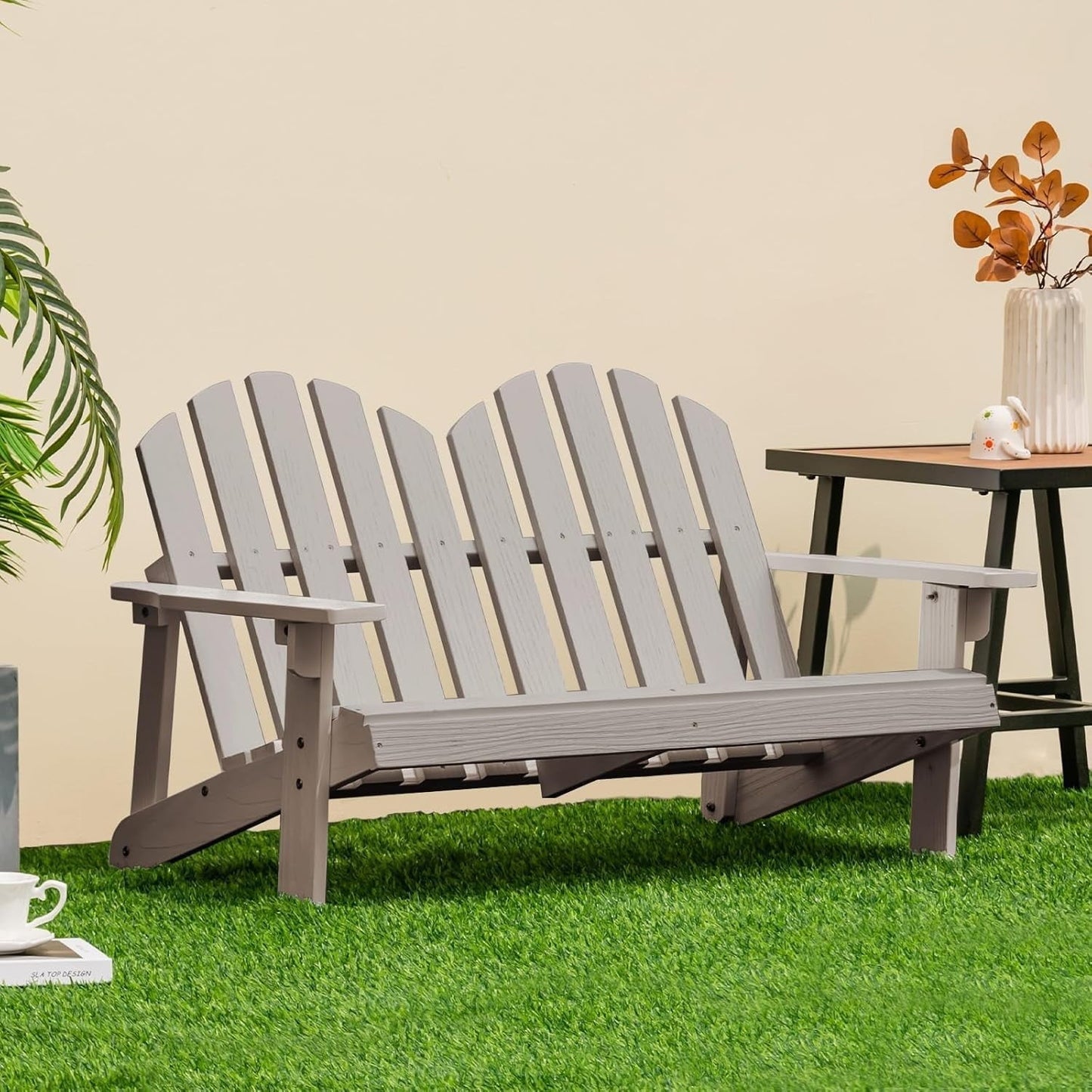 ZgoodZ Small  2-Seat Adirondack Chair - Fir Wood Double Loveseat with High Backrest,Arm Rest,300 LBS Weight Capacity, Outdoor All Weather Porch Chair for Balcony,Backyard,Poolside,Yard（Khaki Grey）