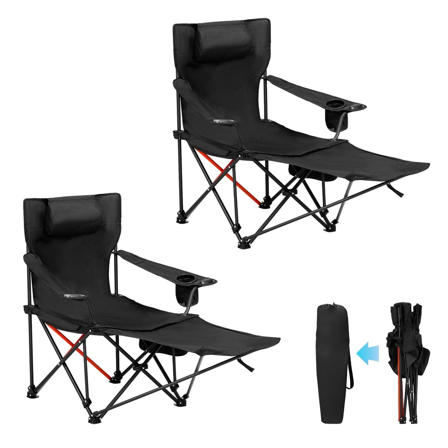 Zimtown 2 Pack Camping Chairs, 2-in-1 Lightweight Camping Chair with Footrest, Adjustable Backrest Seating with Headrest, Cup Holder, Storage Bag