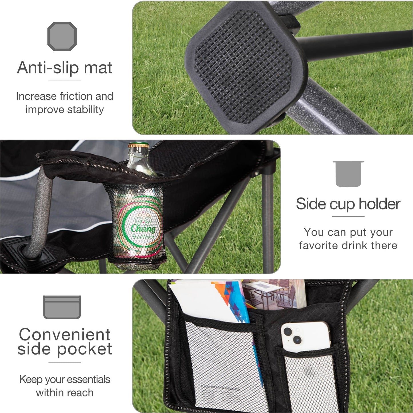 Sophia & William Oversized Camping Chair Outdoor Portable Folding Chair Heavy-Duty Steel Frame Support 350 lbs, 2 Pack, Gray