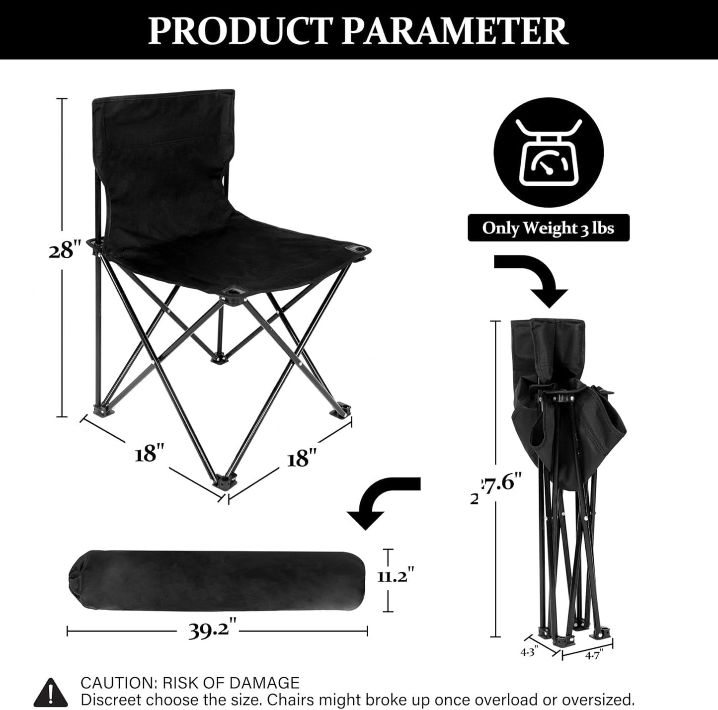 Folding Camping Chair for Adult with Carry Bag,Collapsible Anti-Slip Padded Oxford Cloth Stool for Hiking, Fishing,Picnic,Black,L