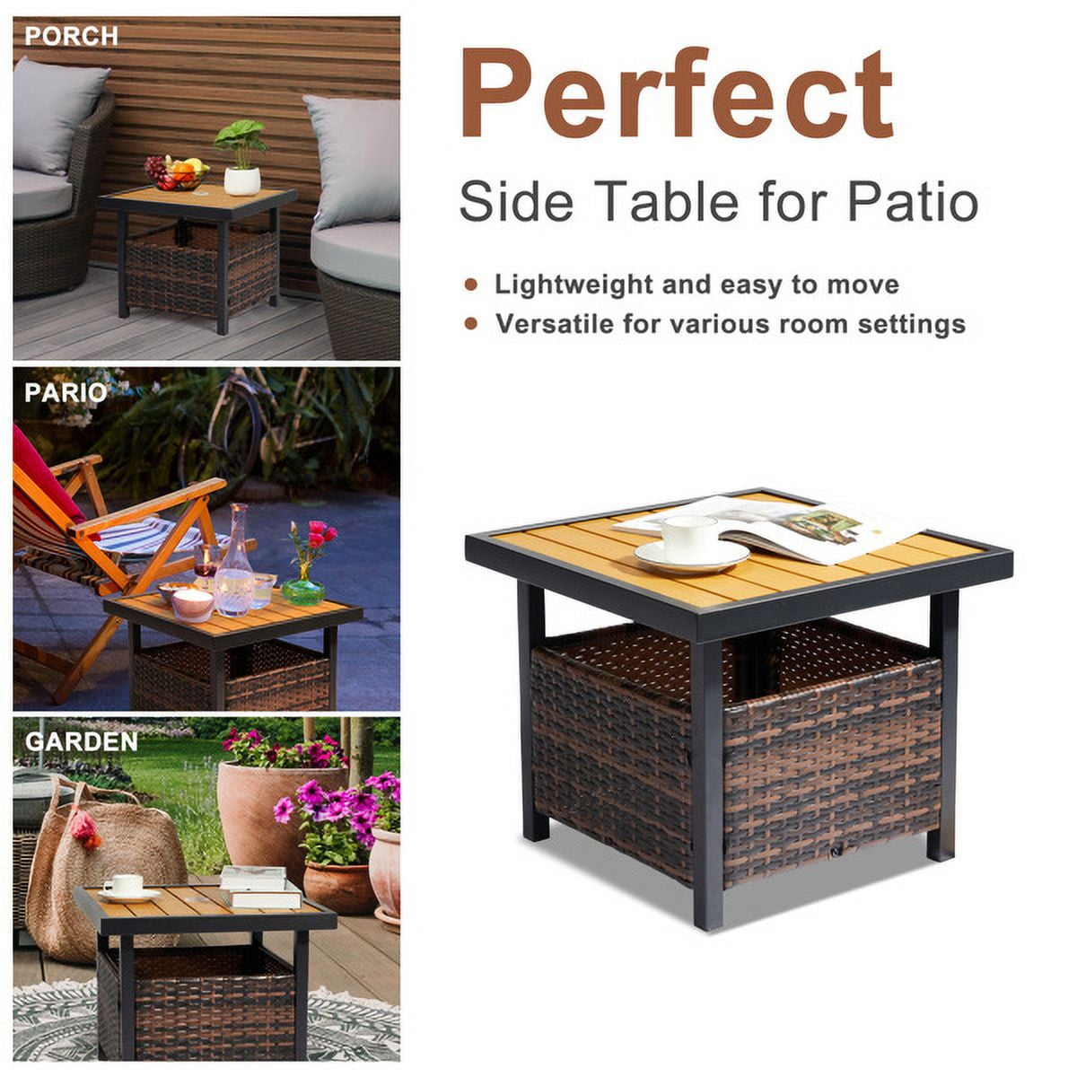 Outdoor Wicker Side Table with Umbrella Hole & Storage Space, Square PE Rattan End Table for Patio Garden Poolside Deck, Brown