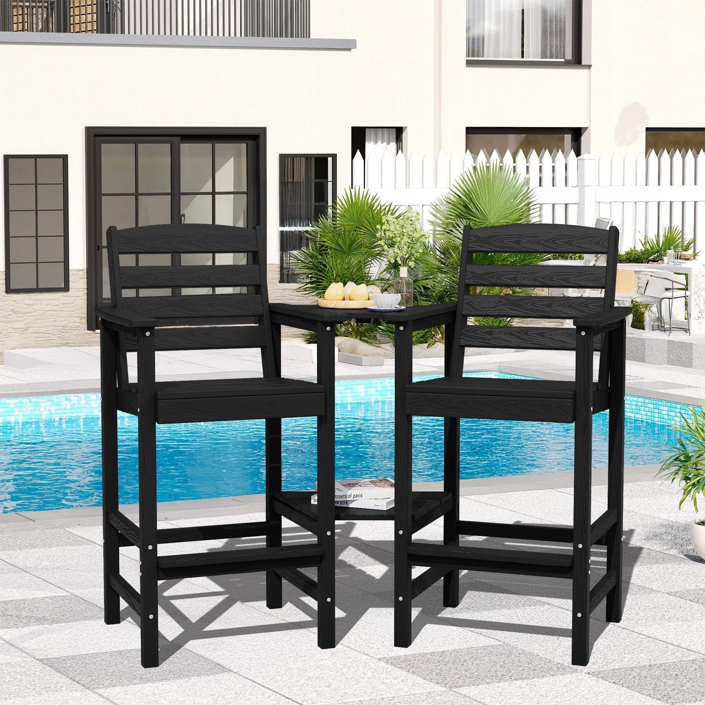 JUSTLET Tall Adirondack Chair Set of 2 with Double Connecting Tray, HDPE Outdoor Weather Resistant Patio Bar Stools for Patio, Balcony, Porch, Black