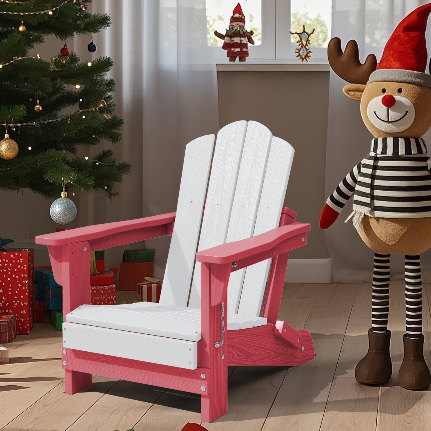 JUSTLET Kids Foldable Adirondack Chair, Lightweight HDPE Outdoor Chair, Weather-Resistant, Portable,Pink and White