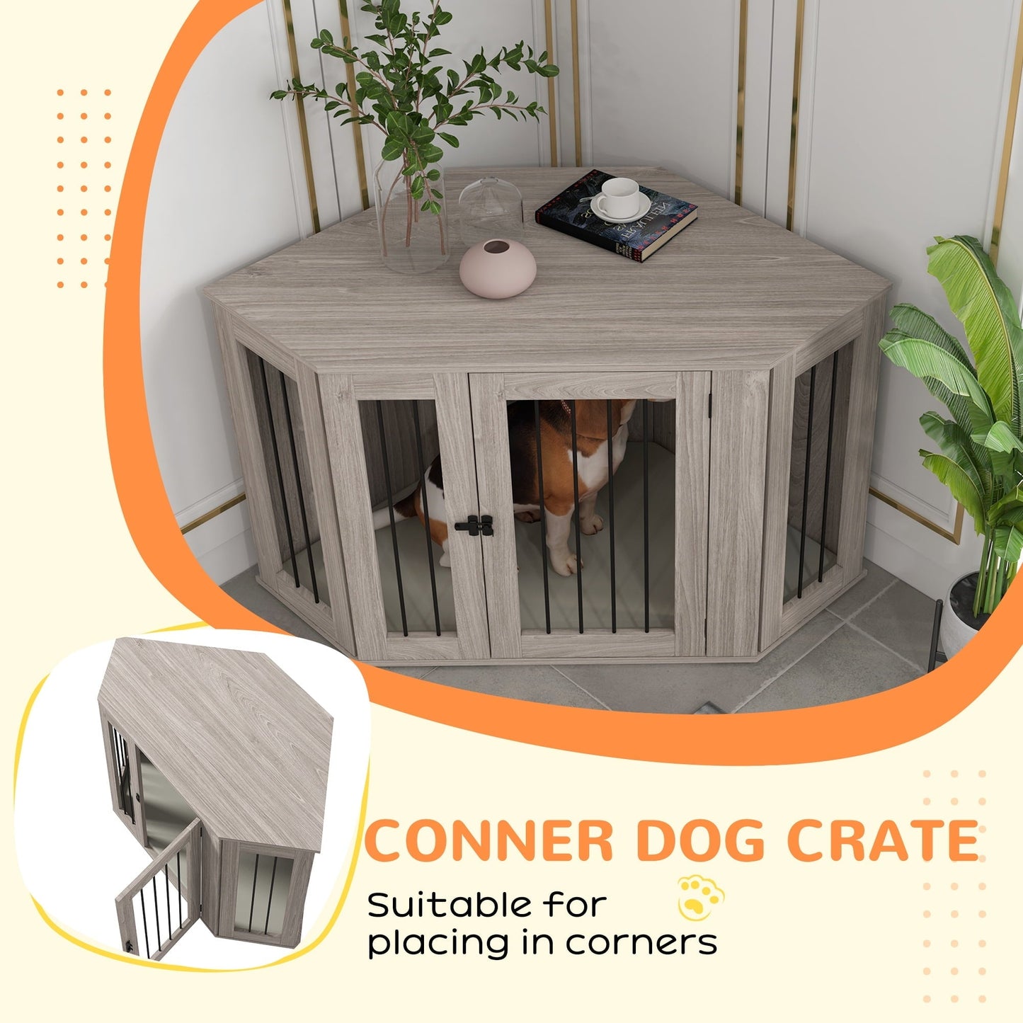 Noaman PawHut Corner Dog Crate Furniture, End Table Kennel for Large Dogs Up to 66lbs, 47.75"L x 24"W x 27.75"H, Walnut Brown with Cushion