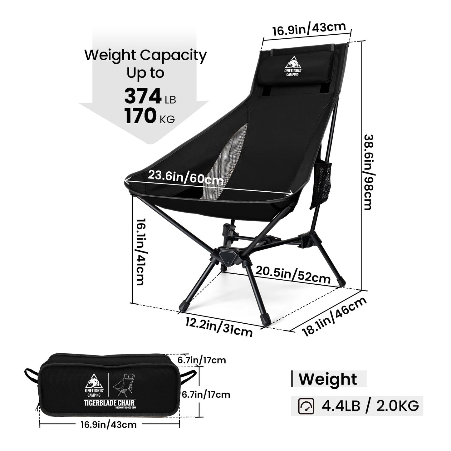 OneTigris Tigerblade High Back Camping Chair with Pillow Design, Comfortable Widened Seat Folding Chair