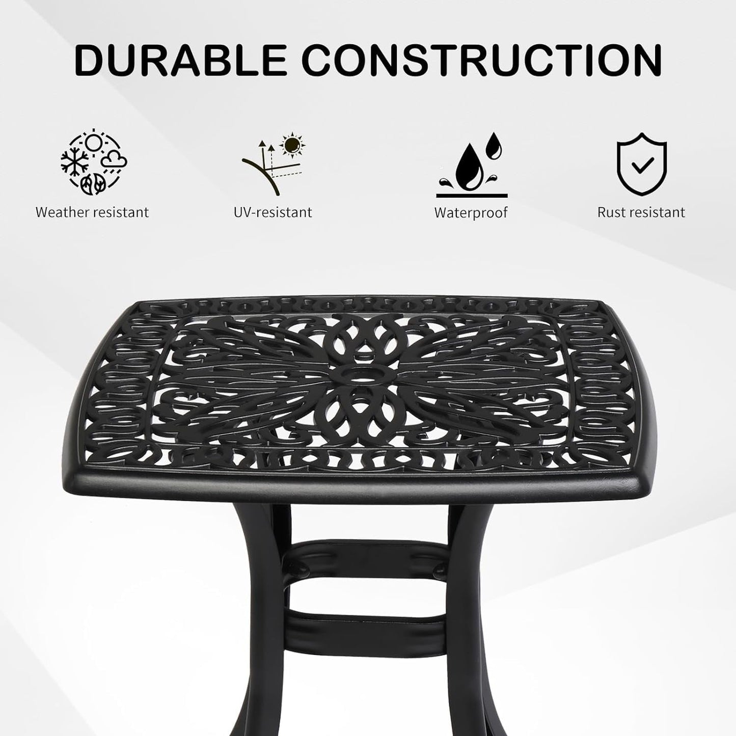 SUPQ 21" Cast Aluminum Patio Table with Umbrella Hole - All Weather, Porch End Table (Black),Square
