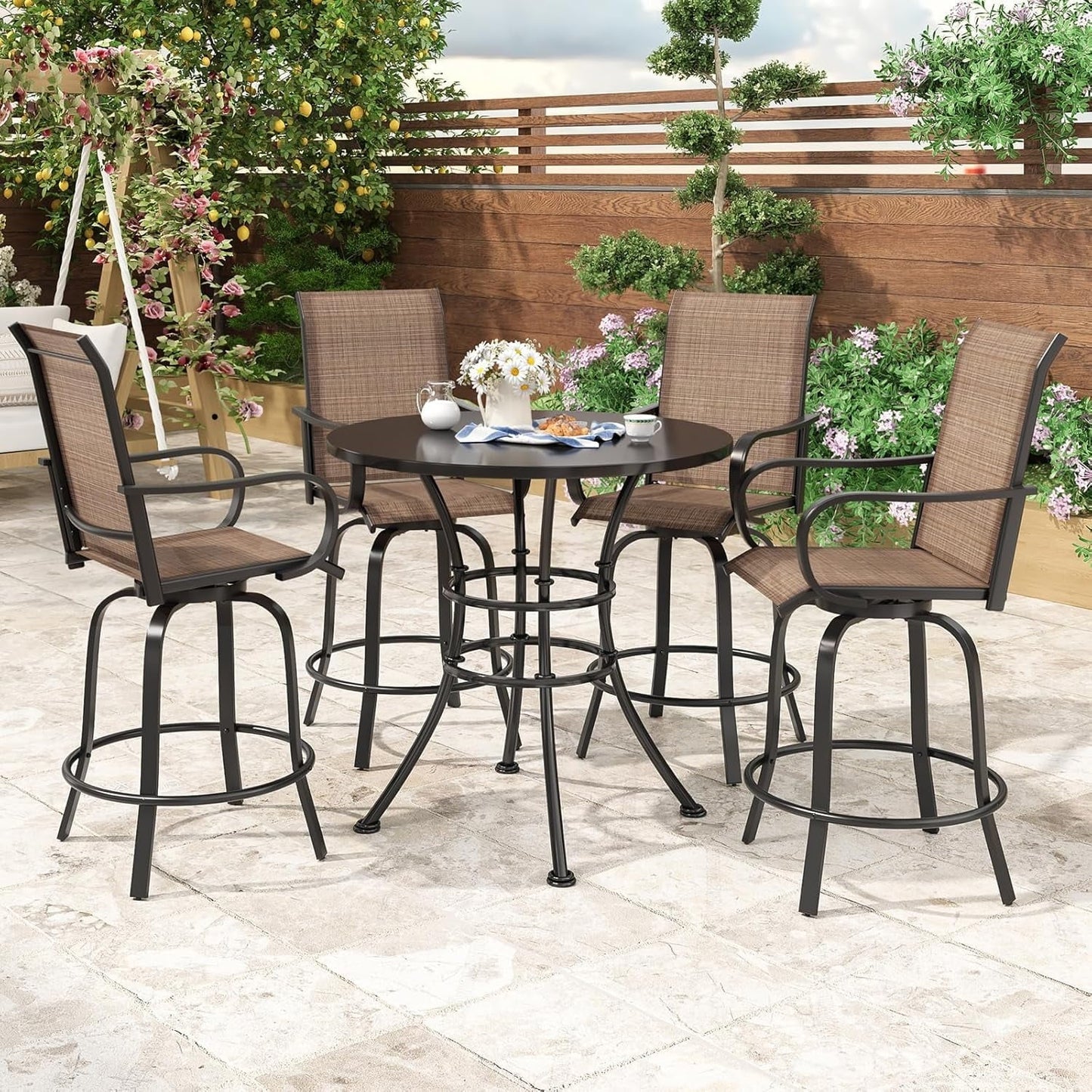 STARY Outdoor Bar Stools Set of 2, Swivel Patio Barstools with Textile Fabric,Ergonomic Comfort Bar Height Tall Outdoor Stools for Balcony,Brown