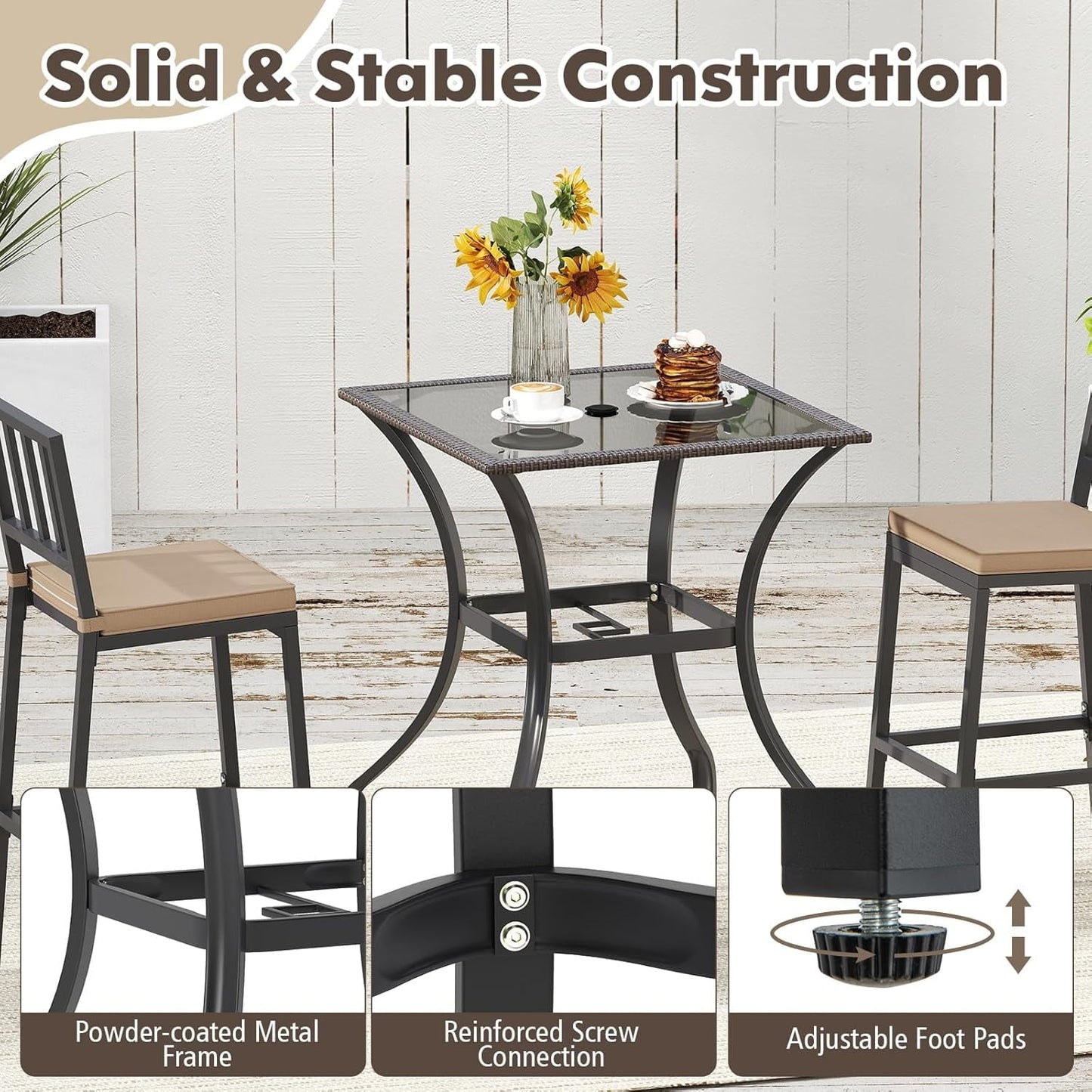 ZOPan 37” Height Bistro Table with Umbrella Hole, Tempered Glass Top & Wicker Covered Edge, Counter Height Square Outdoor Bar Table for Garden, Patio, Poolside & Deck