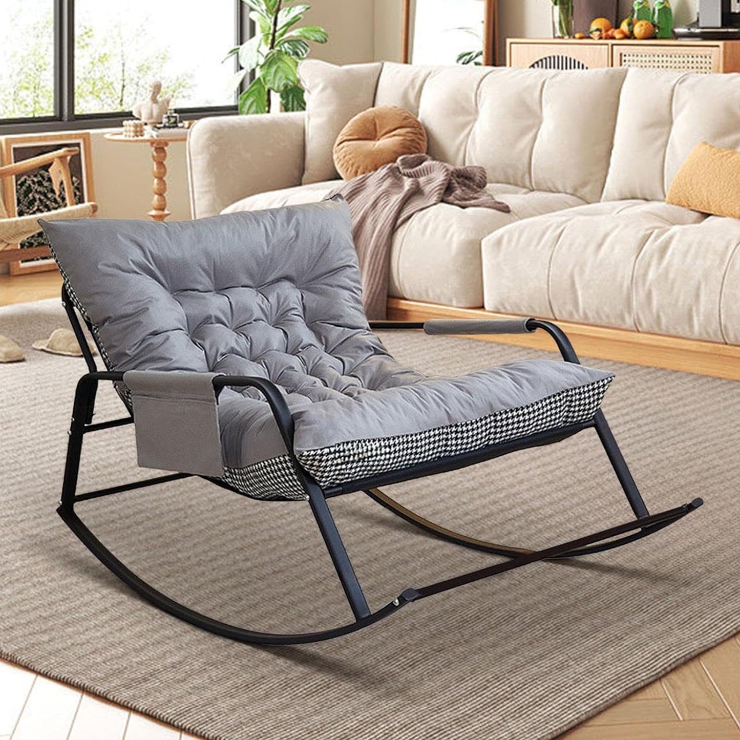 SUSUZI Rocking Chair with Cushion, Lounging Chair for Living Room and Bedroom, Gray