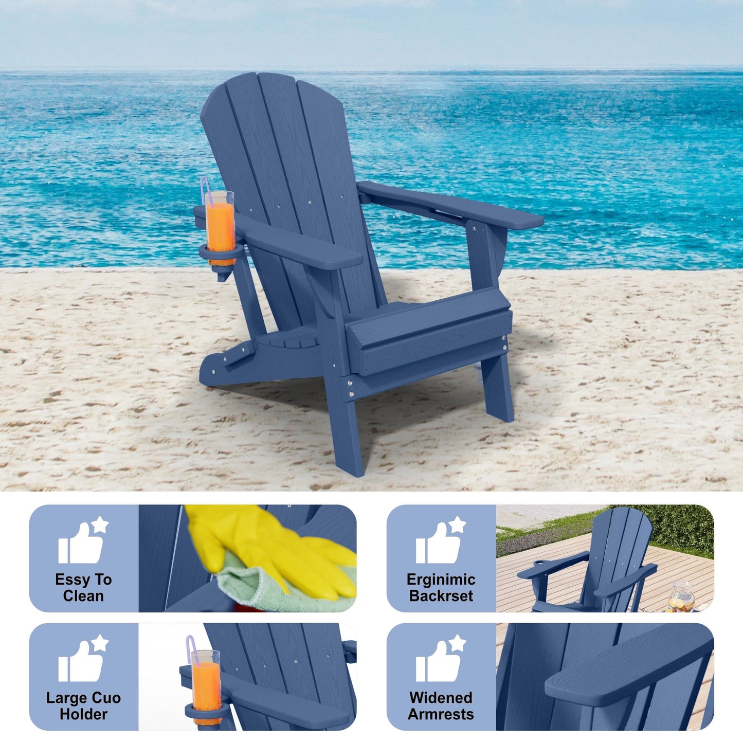 AreShark Adirondack Chair Set of 2,HDPE All-Weather Patio Chairs Outdoor with Cup Holder, Lawn Chair with Weather Resistant for Outside Deck Lawn Garden, Weight Capacity Up to 380 Lbs –Navy