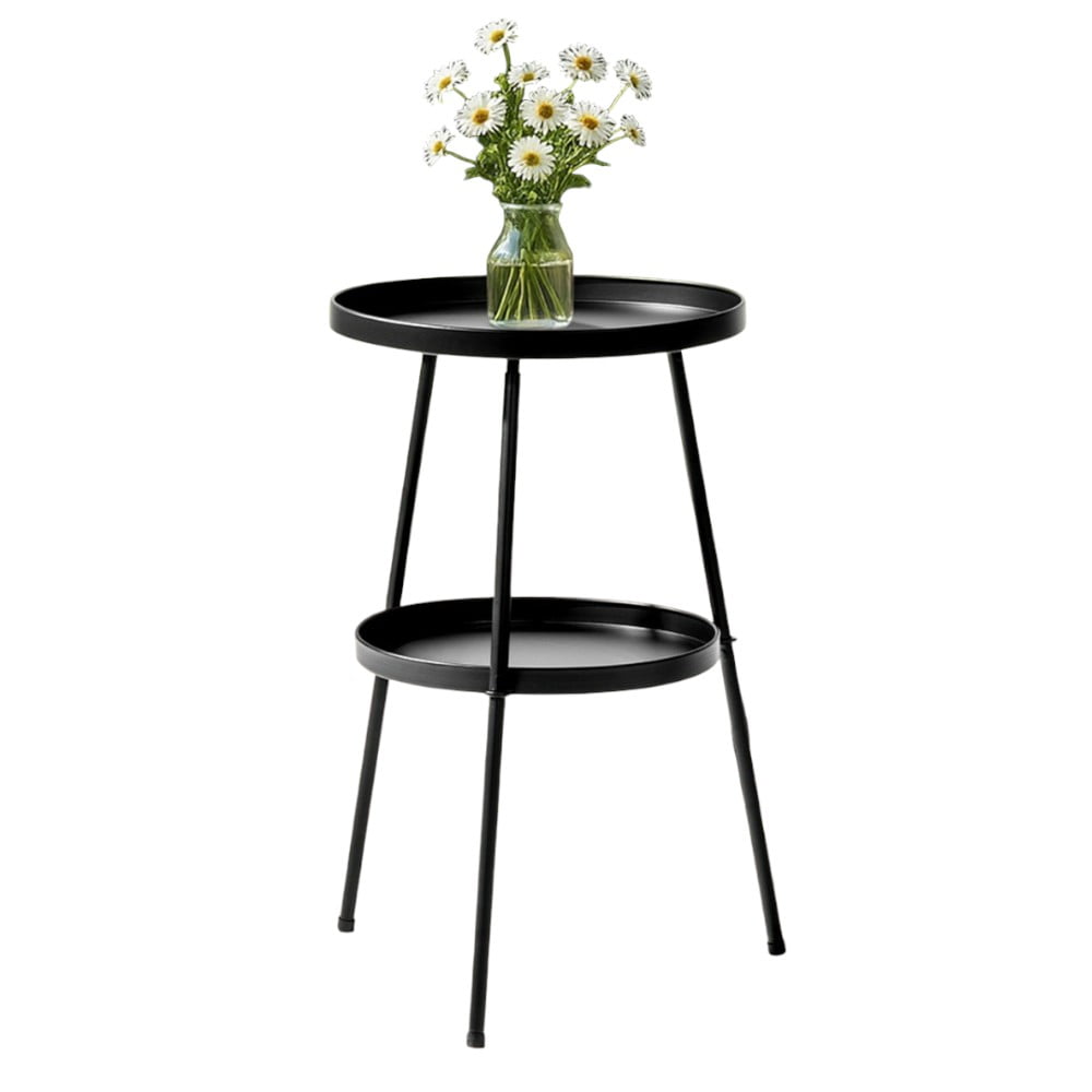 IVV 2 Tier Patio Side Table - Metal Round End Table Nightstand for Small Spaces, Indoor Outdoor and Living Room Bedroom or Office - Black