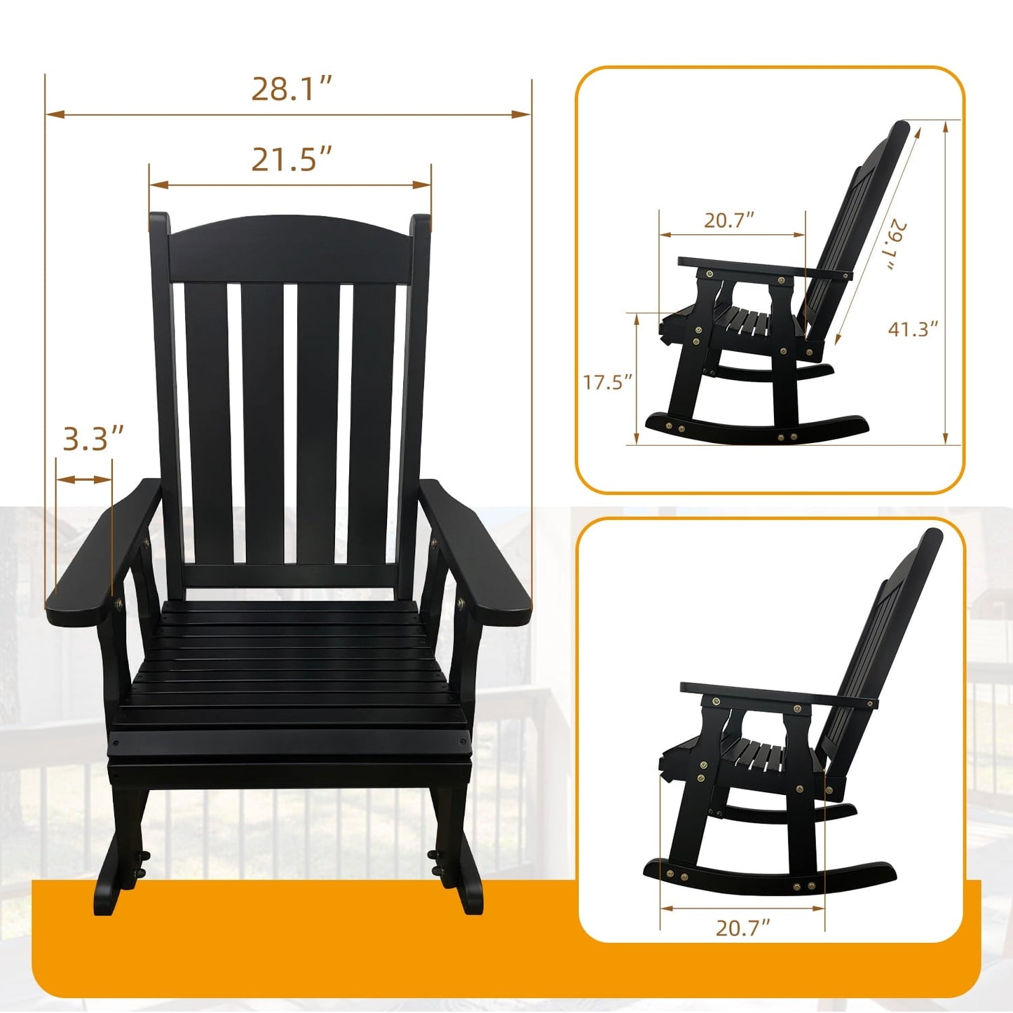 Innovaze Wooden Patio Rocking Chair, Solid Fir Wood, Heavy Duty 600LBS, for Outdoor or Indoor, Black