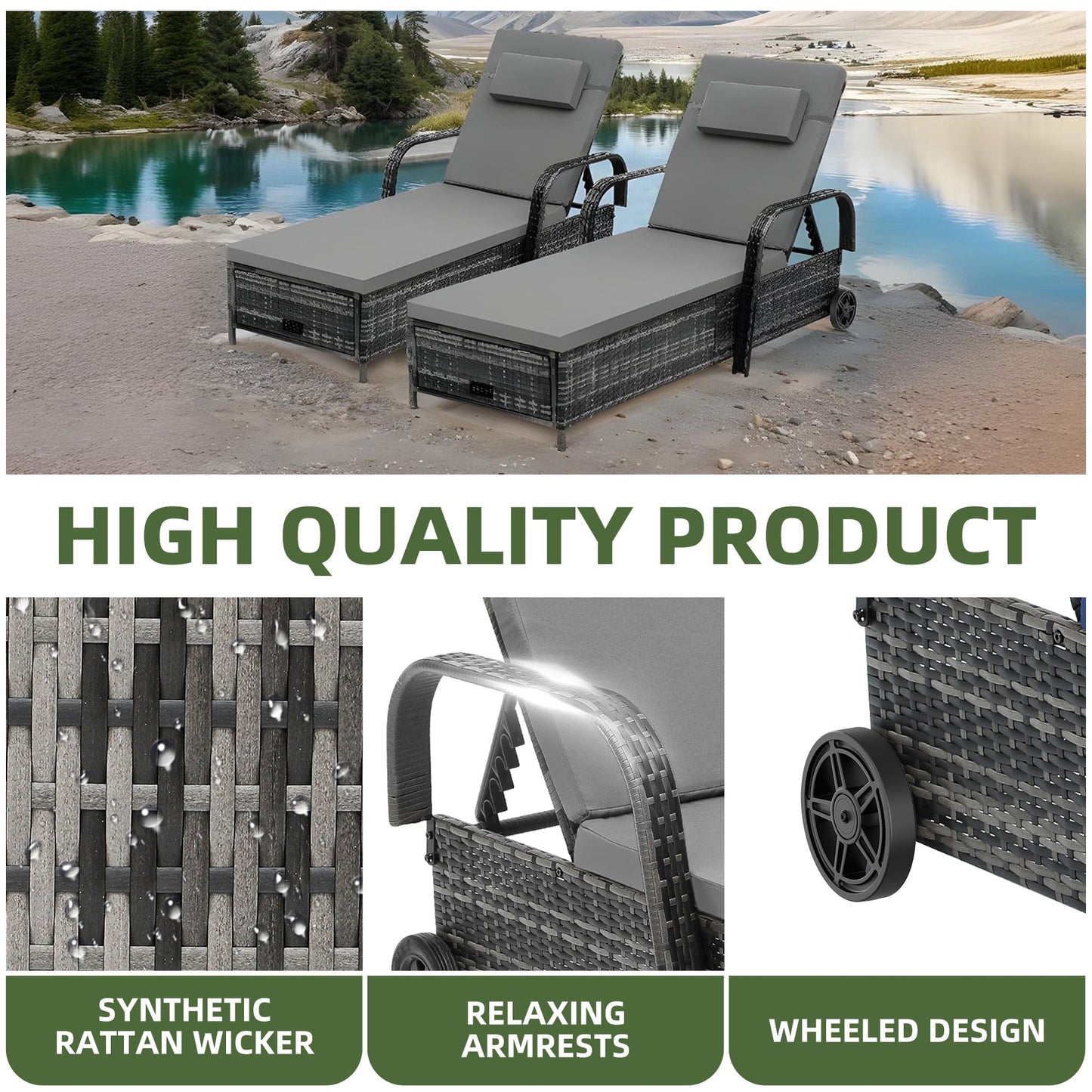 Uforic Wicker Chaise Lounge, 5-Position Lounger with Storage, Cushion, and Wheels, Gradient Gray, 1 Pcs