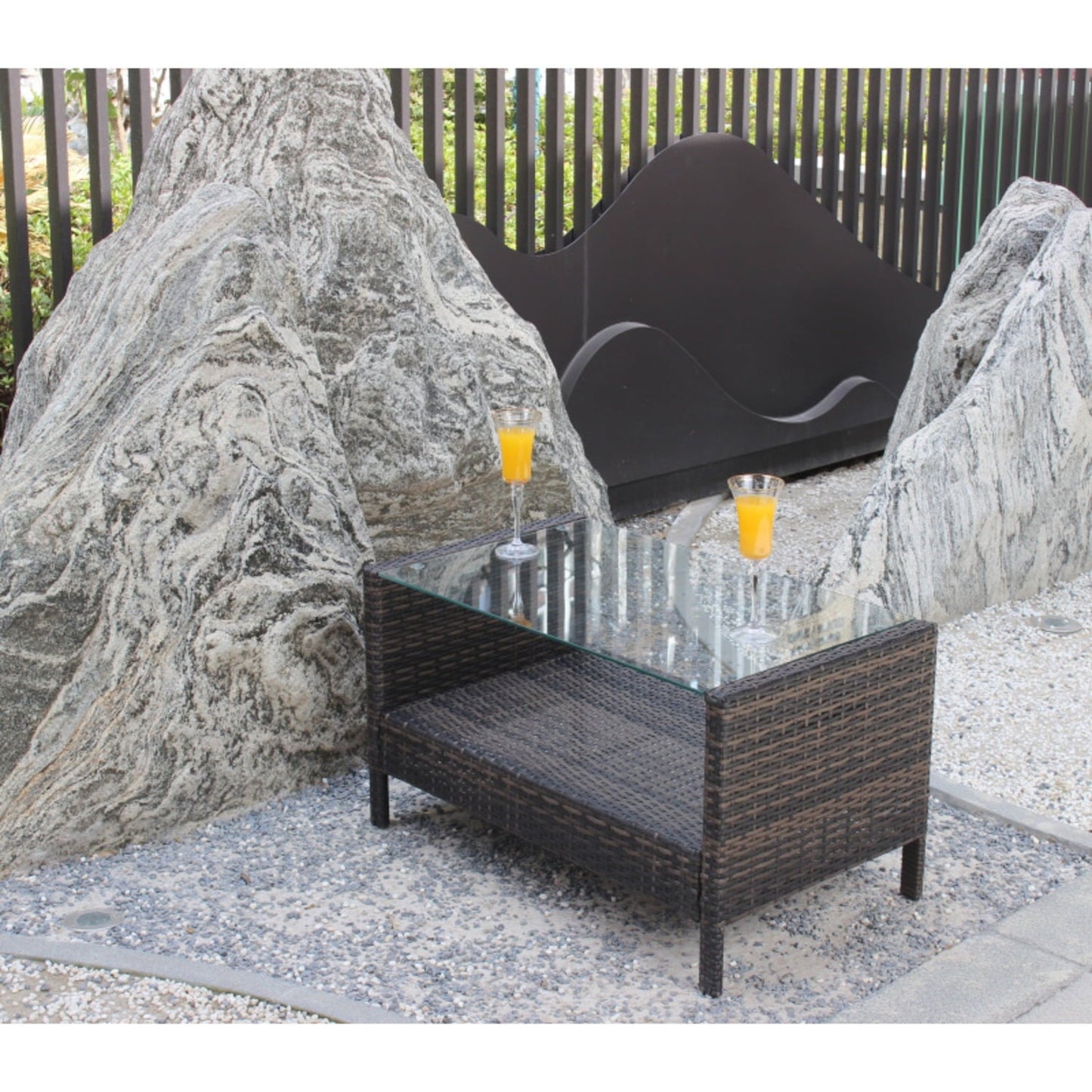 DIANJIE Outdoor Patio Furniture Coffee Table with Clear Tempered Glass