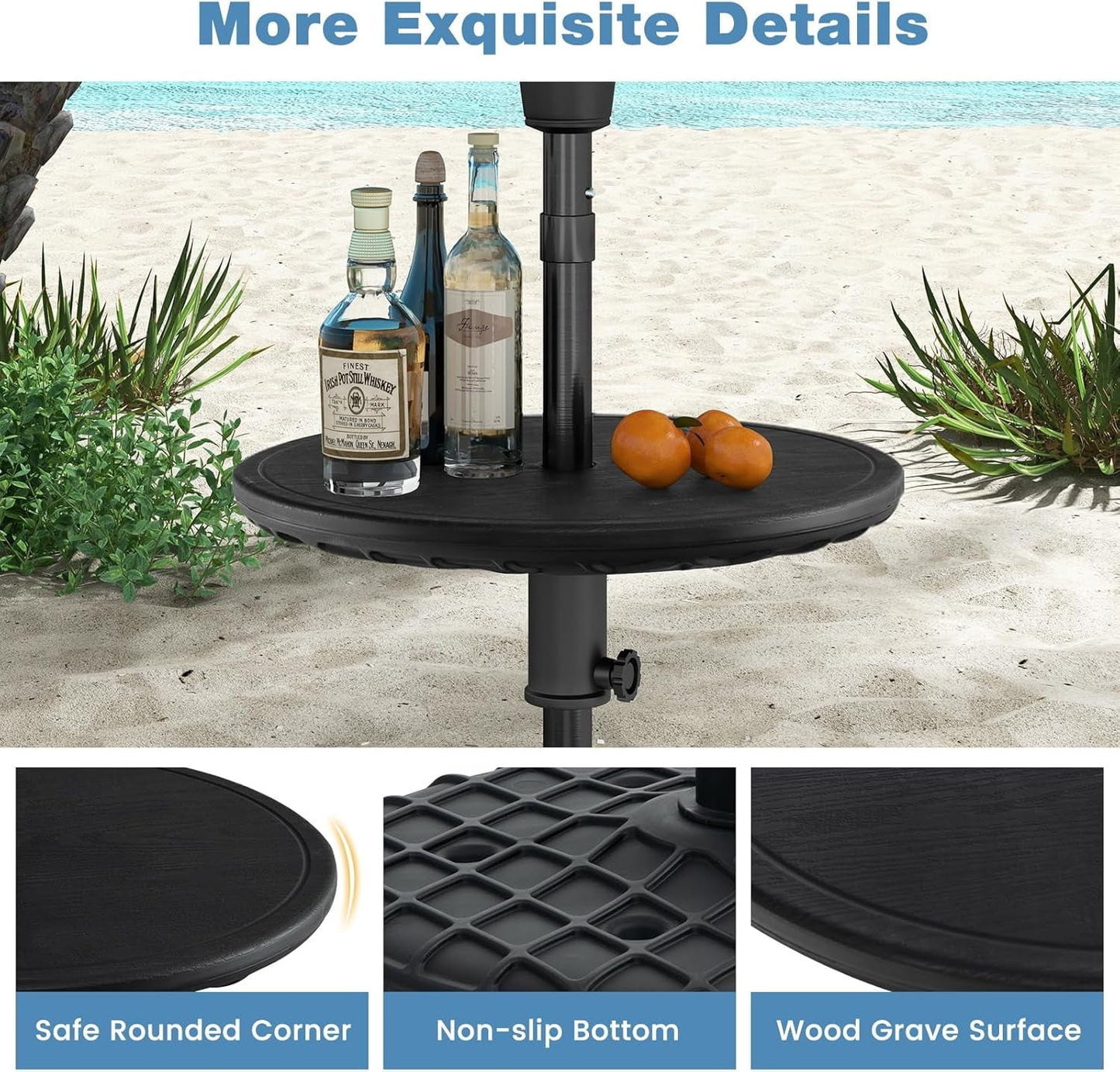 GaoJ Umbrella Pole Table Tray - 20" Outdoor Side Table with 1.5" Umbrella Hole, Height Adjustable Knob, All-Weather PE Matrial, for Patio, Backyard, Deck, Garden, Poolside, Black