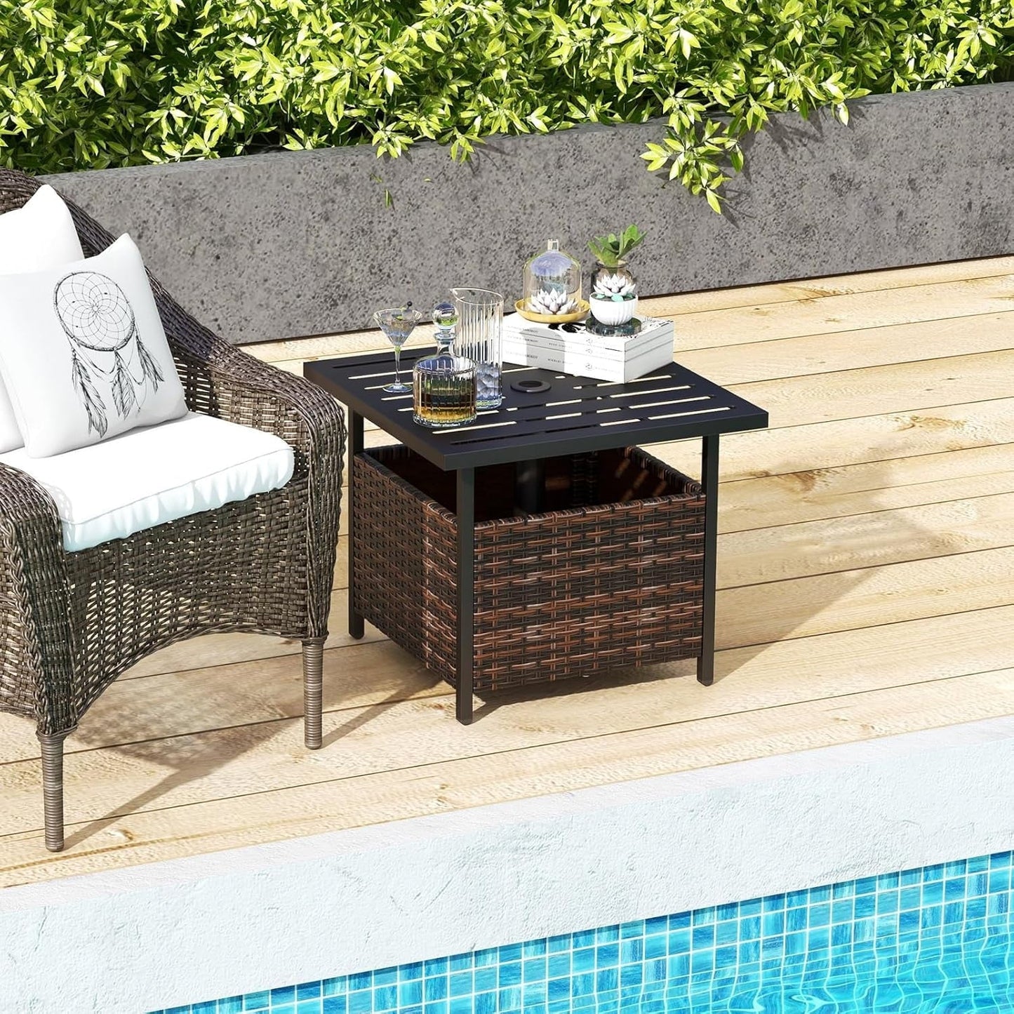 SUPQ Outdoor Side Table with Umbrella Hole, 22" Wicker Umbrella Stand Holder and Base, Weather-Resistant PE Rattan Patio End Table for Deck Garden Poolside (Metal Tabletop, Brown)