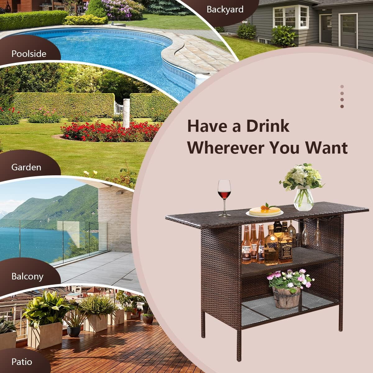 ReunionG Outdoor Wicker Bar Patio Rattan Counter Table with 2 Steel Shelves, 55.1" x 18.5" x 36.2"(L x W x H), Brown