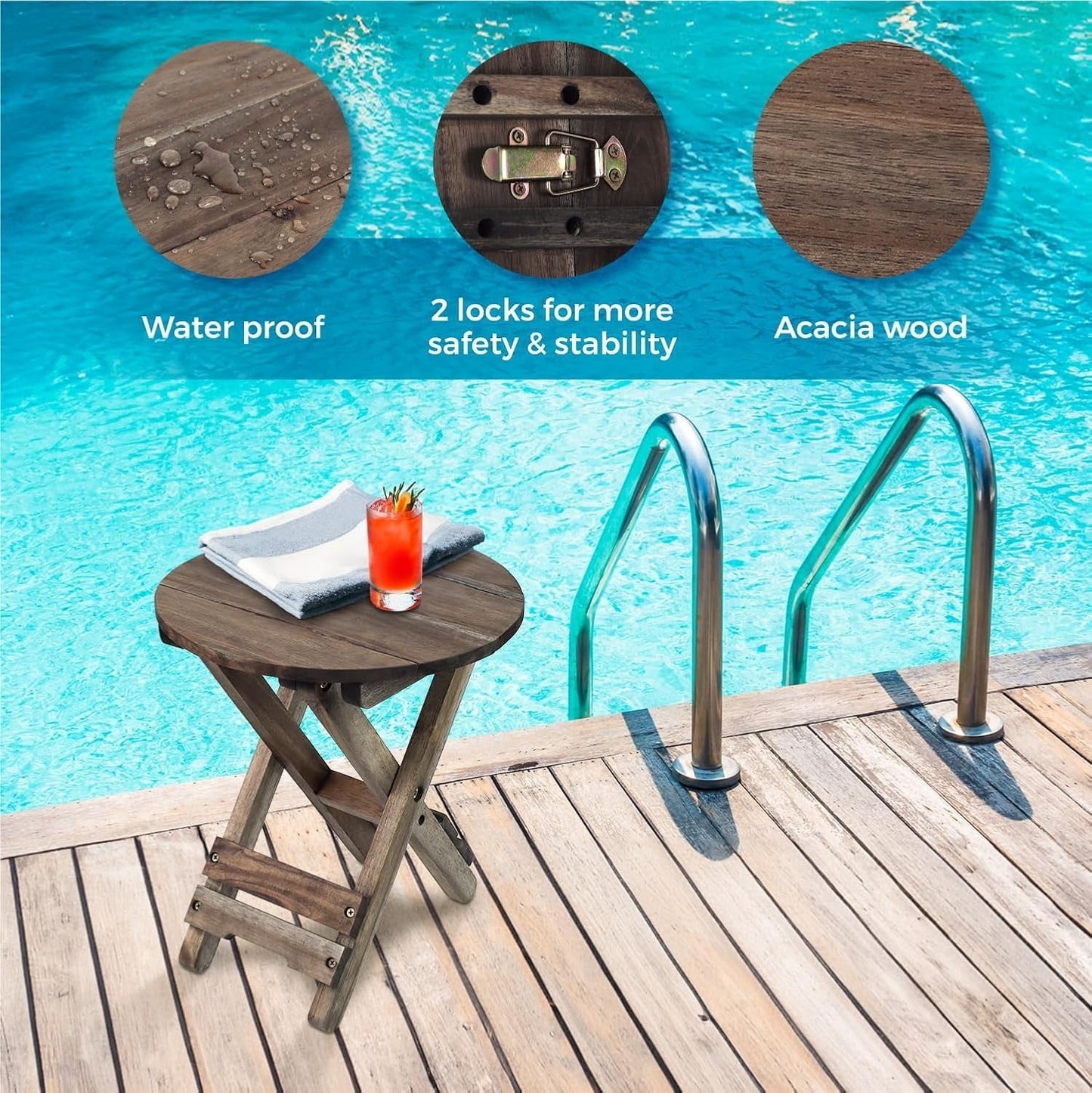 Small Patio Table, Outdoor Folding Side Table, Portable Accent Coffee End Table, Wood Top for Living Room, Bedroom (Round - Walnut-Set of 2)