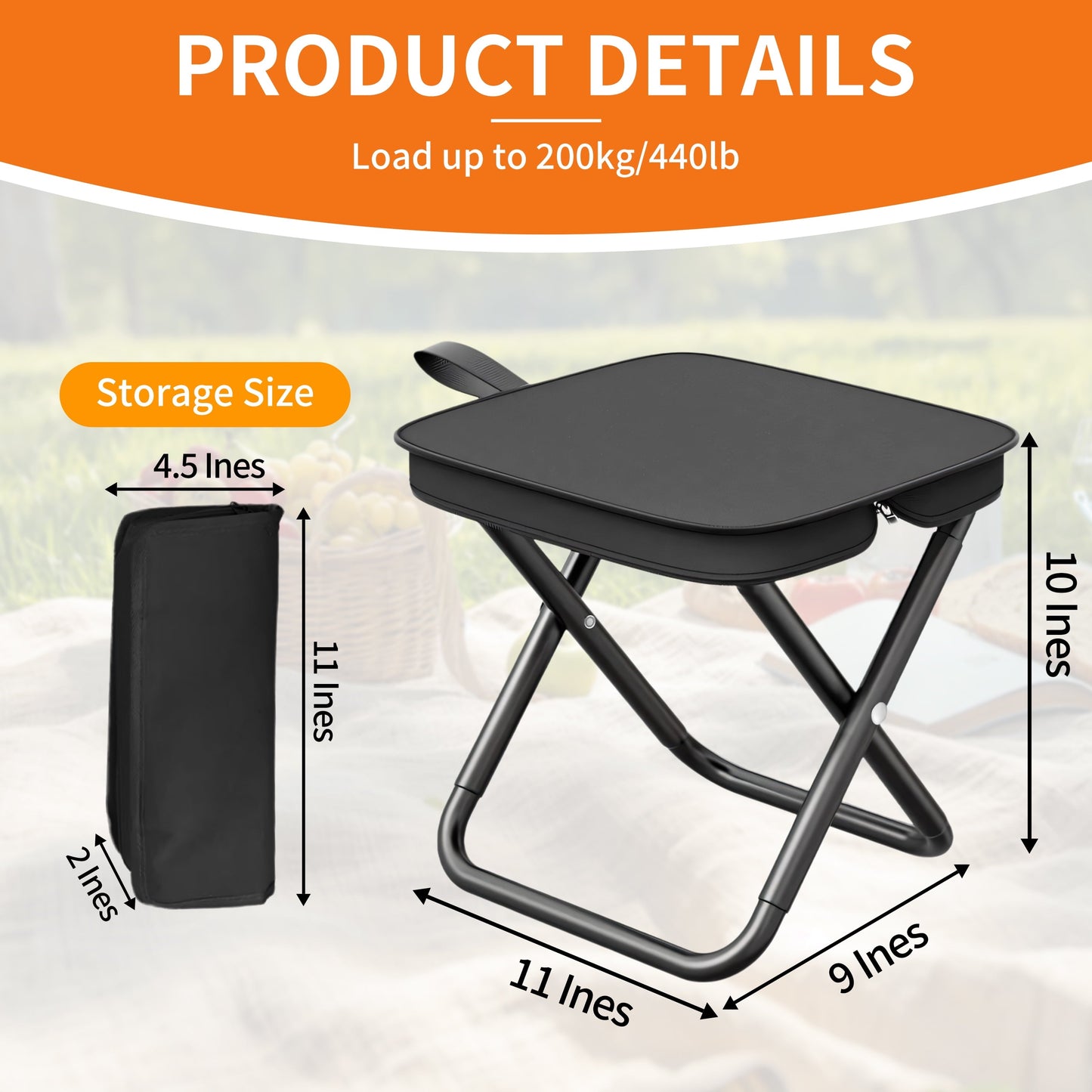 2 Pack Portable Stool with Carry Bag, 10.6 Inch Small Folding Stool for Adults, Ultralight Black Camping Stools for Picnic, Hiking and Fishing, Hold Up to 220 LBS