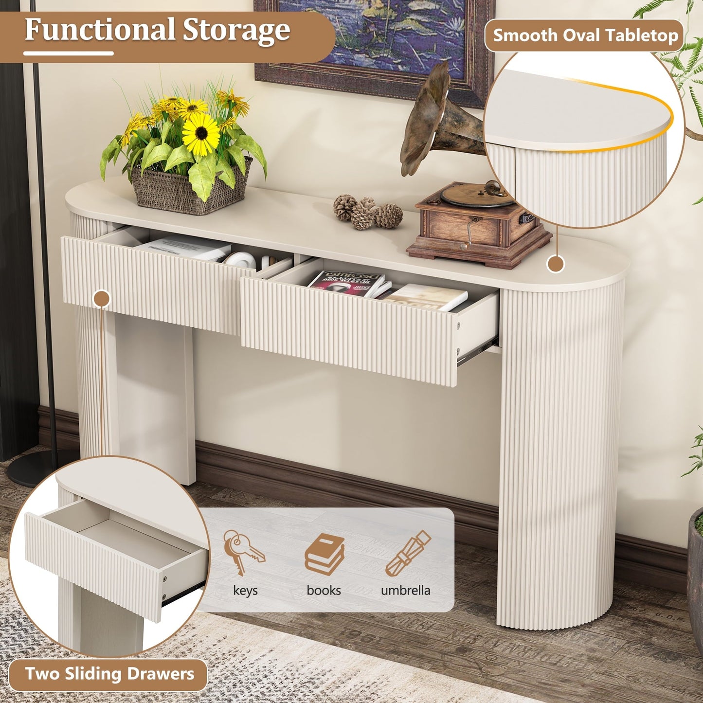 TREXM Entryway Table with Fluted Design, Modern Console Table with Storage, Oval Top and 2 Drawers for Entryway and Living Room (Champagne White)