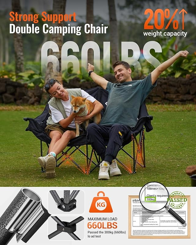 Double Camping Chair, Oversized Heavy Duty Loveseat for Adults Portable Folding XL 2 Person Couch Padded Comfortable Two Seat