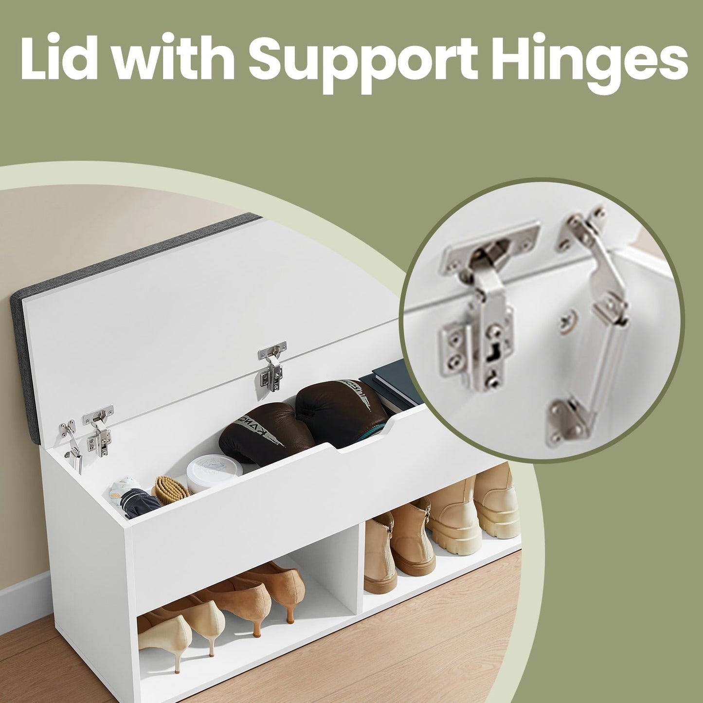 LEDREM Shoe Bench with Cushion, 300lb Capacity Storage Bench with 3 Compartments, White and Gray