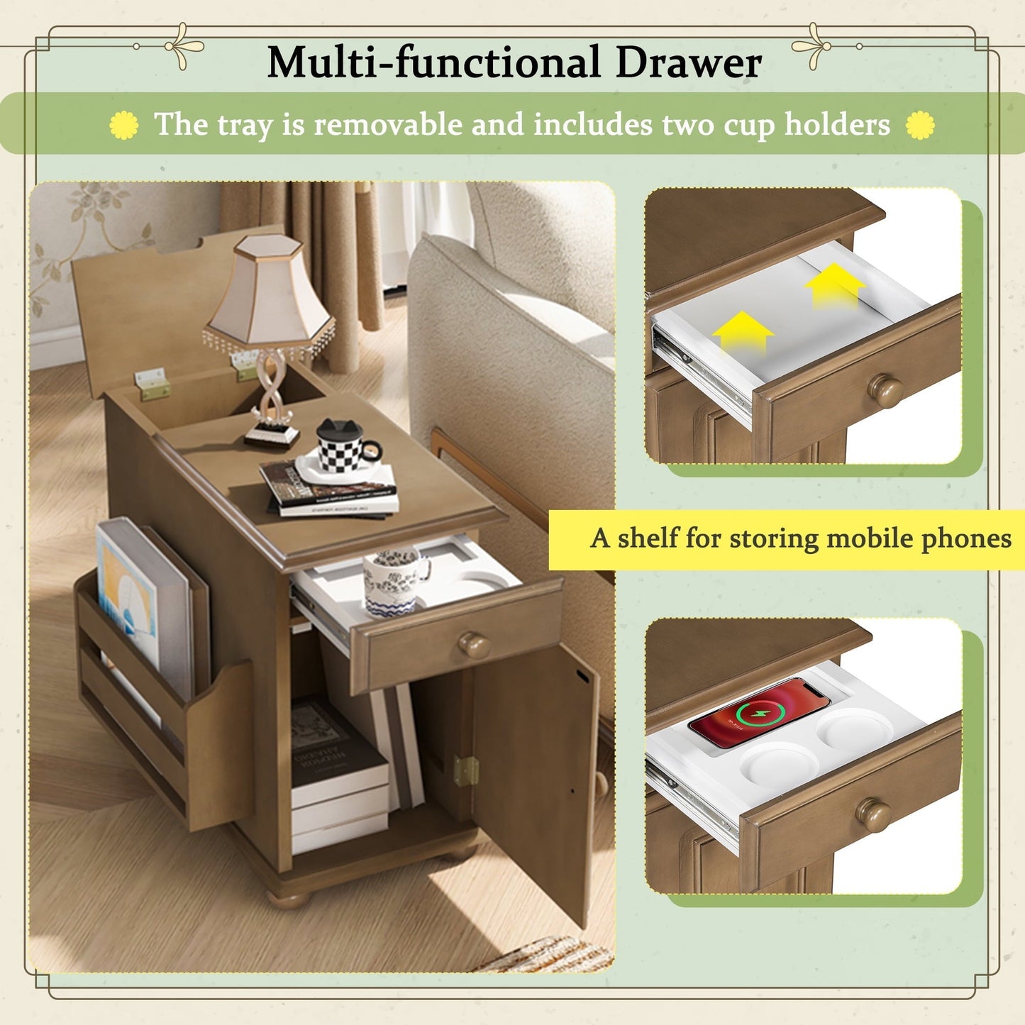 U-Can Vintage End Table Flip Top Side Table with USB Ports, One Multifunctional Drawer with Cup Holders, Sofa Couch Table with Bookshelf for Living Room and Small Space