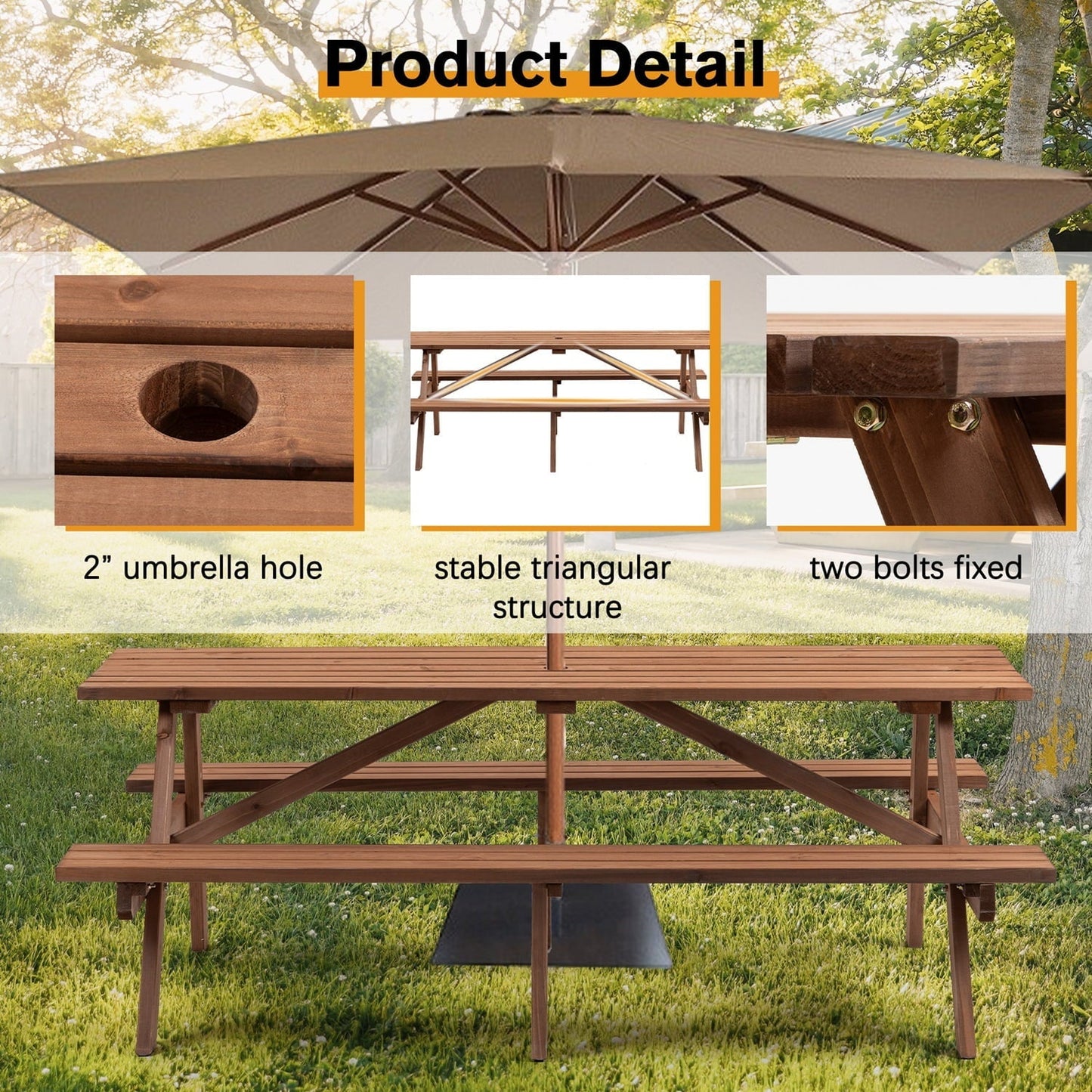 75-Inch Wooden Picnic Table, 8-Person Outdoor Dining Table with 2 Built-In Benches, 2,220 lbs Capacity, Durable Brown Wood for Garden, Patio, Camping, and DIY Projects(Brown)