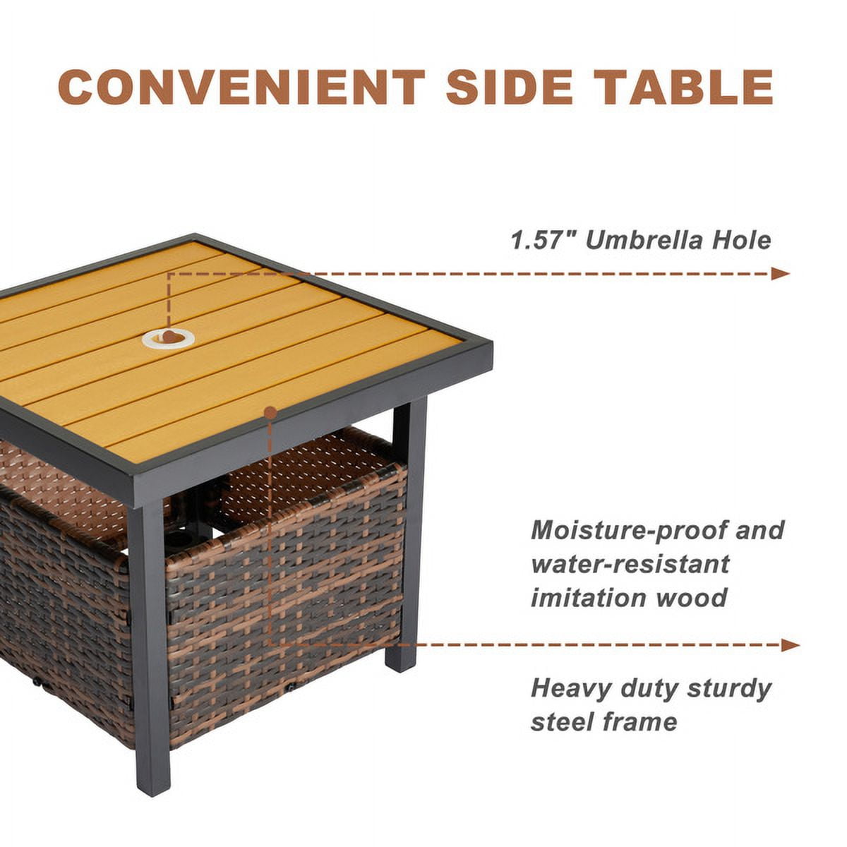Outdoor Wicker Side Table with Umbrella Hole & Storage Space, Square PE Rattan End Table for Patio Garden Poolside Deck, Brown