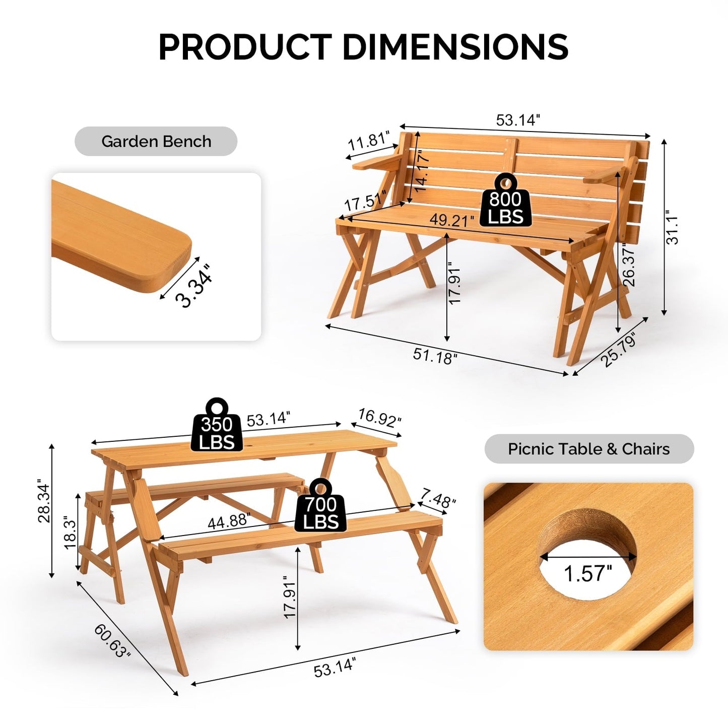 Ktaxon 2-in-1 Outdoor Interchangeable Wooden Picnic Table Set, Transforming Bench w/Umbrella Hole, Convertible Patio Bench for Backyard Porch Deck, Teak