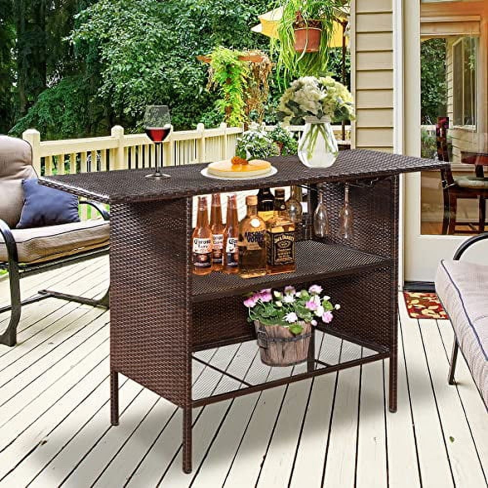 ReunionG Outdoor Wicker Bar Patio Rattan Counter Table with 2 Steel Shelves, 55.1" x 18.5" x 36.2"(L x W x H), Brown