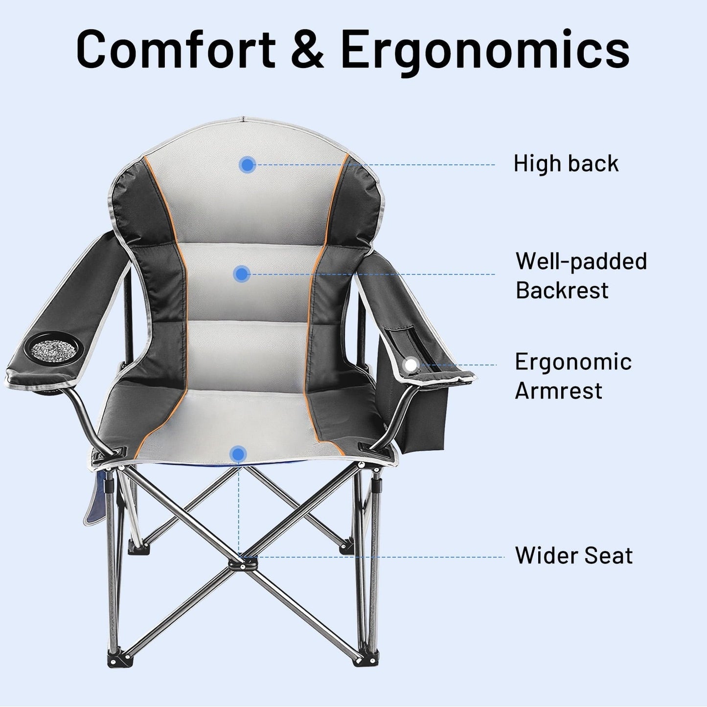 Oversized Camping Folding Chair, Heavy Duty Padded Chair with Cup Holder Storage and Cooler Bag for Outdoor,Black Gray