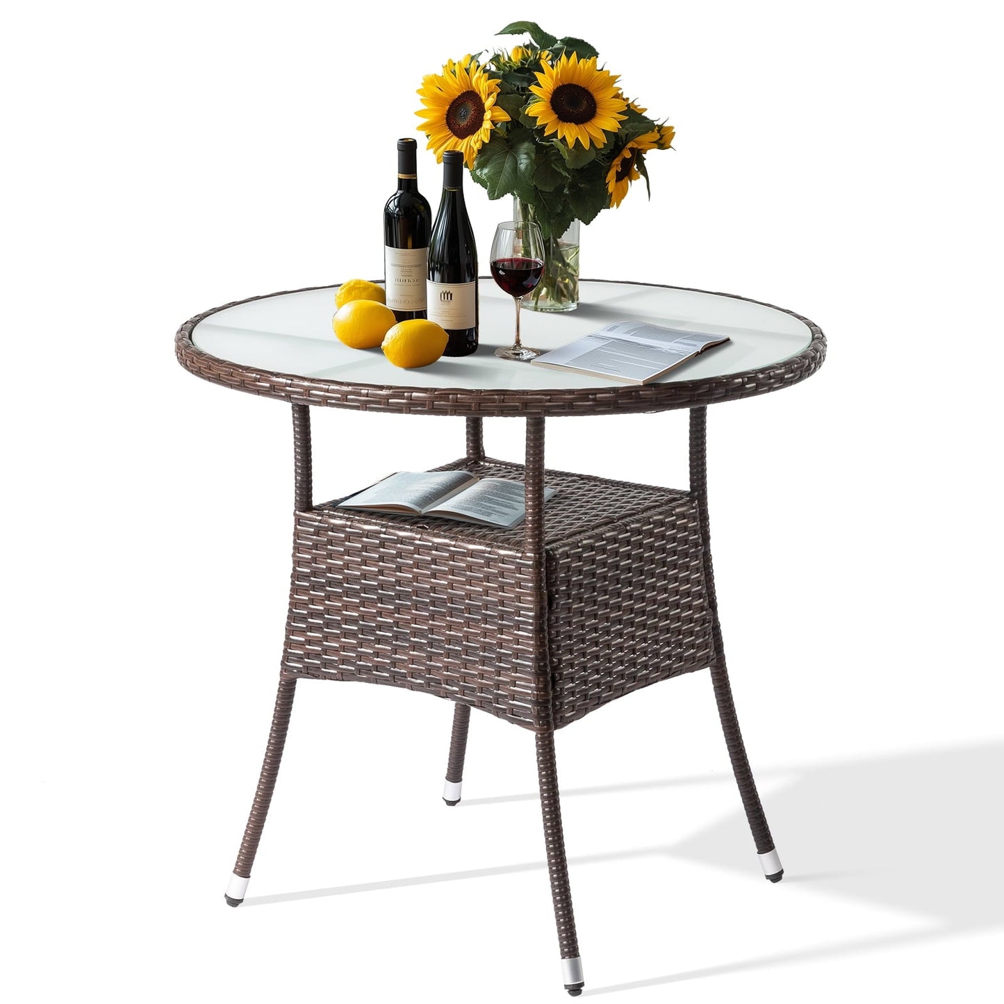 Funnil Outdoor Patio Table, Round Wicker Rattan Bistro Tables with Storage Shelf and Glass Tabletop, All Weather Patio Dining Table, Brown