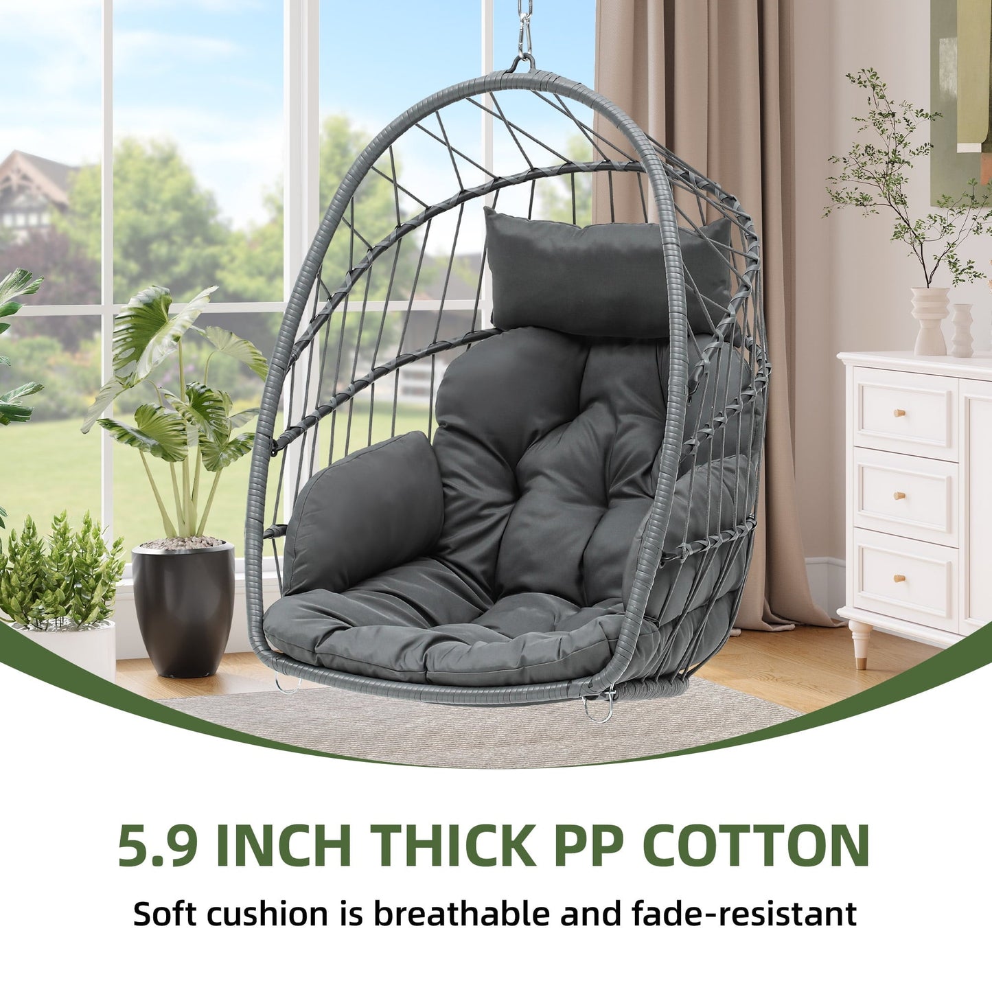 Uforic 105 x 74 x 72 cm Hanging Chair with Cushions, Chain & S-Hooks for Living Room Patio Garden, Gray