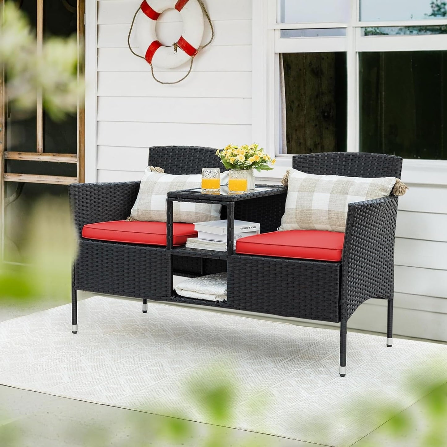 CRXX Outdoor Furniture Patio Loveseat Wicker 2-Seat with Built-in Table and Cushions Rattan Porch Chairs Bench for Balcony, Lawn, Backyard (Red)
