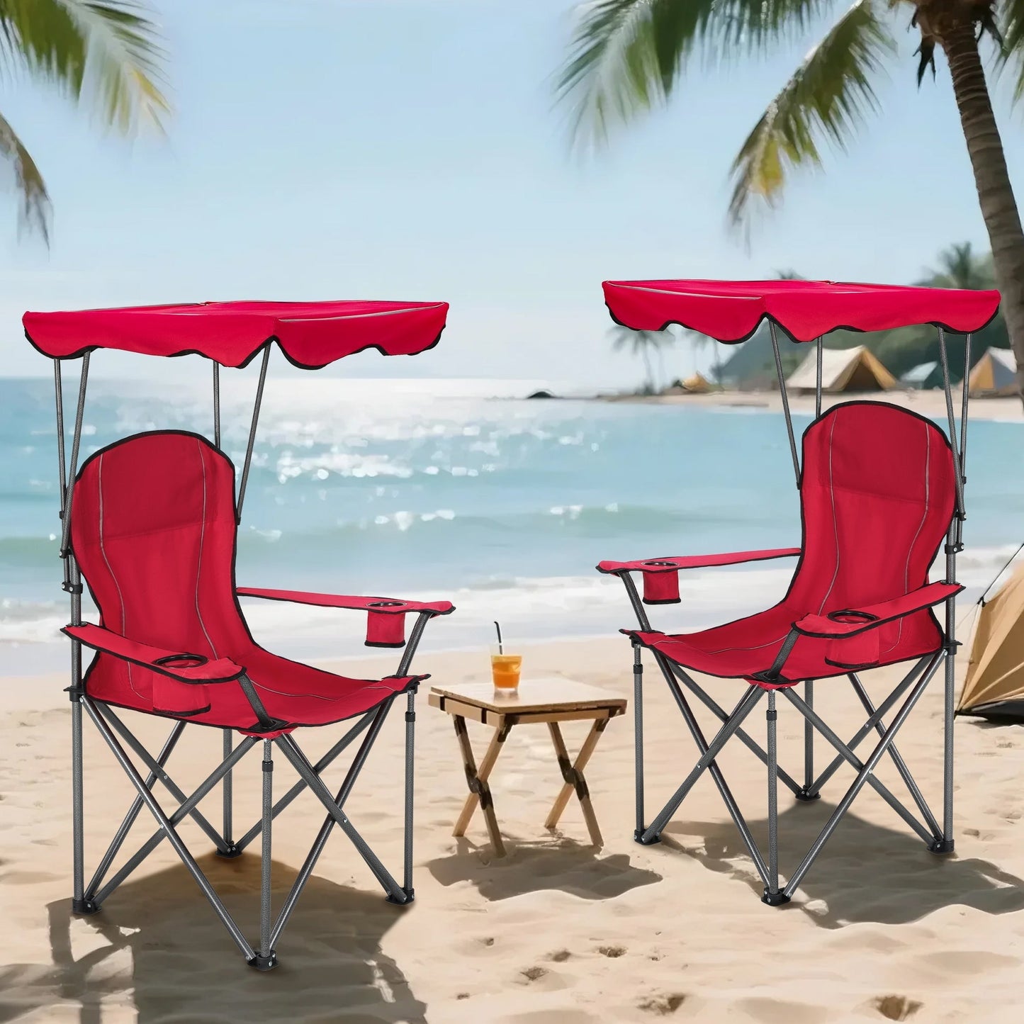 Sophia & William Foldable Canopy Chair Portable Camping Lounge Chair Outdoor Sunshade Canopy Chair with Cup Holder, Red