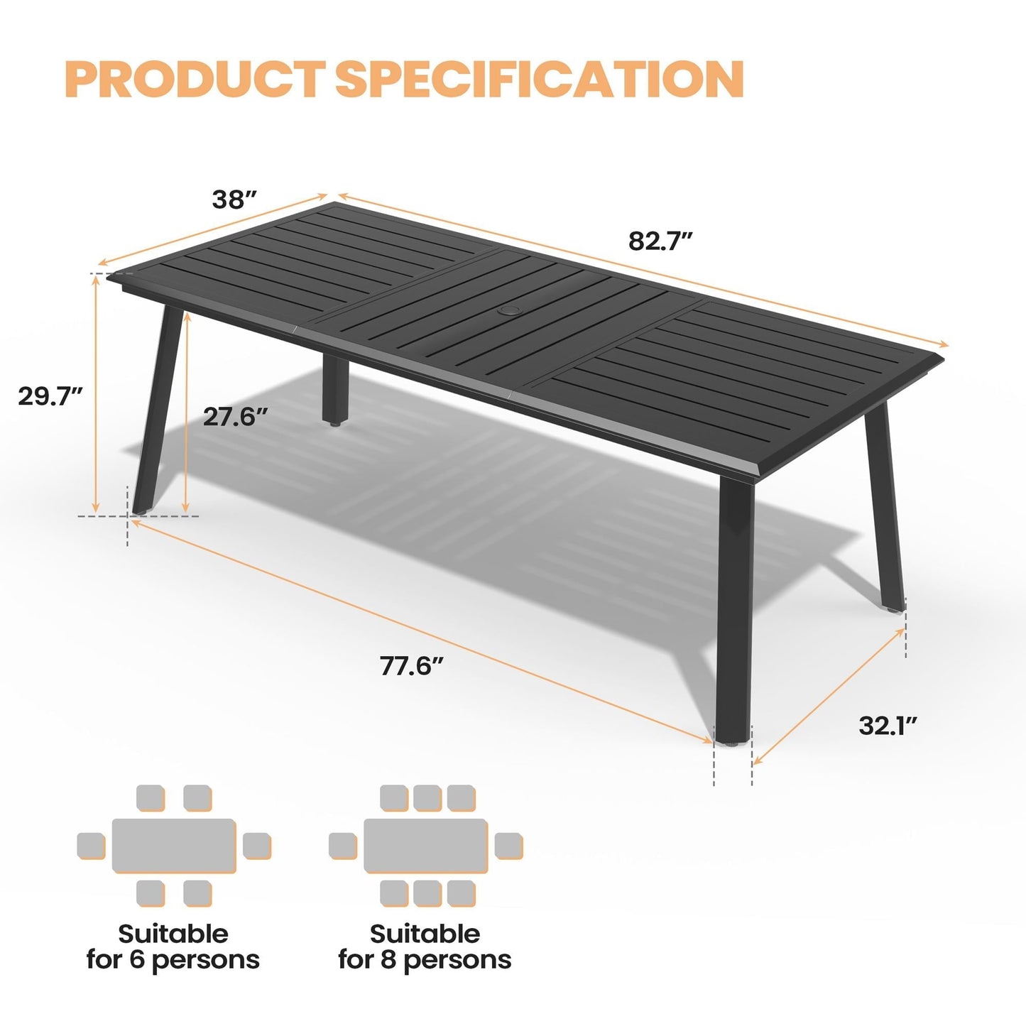 Pellebant 83" Aluminum Outdoor Dining Table for 8, All-Weather Rectangle Patio Table with Umbrella Hole for Backyard, Lawn, Garden and Poolside, Glossy Black