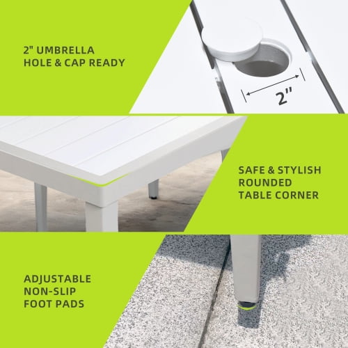 Rectangle Dining Table with Tapered Feet & Umbrella Hole, Matte White+ Grayish Outdoor Patio Aluminum 40"x70" Two-tone Table Top